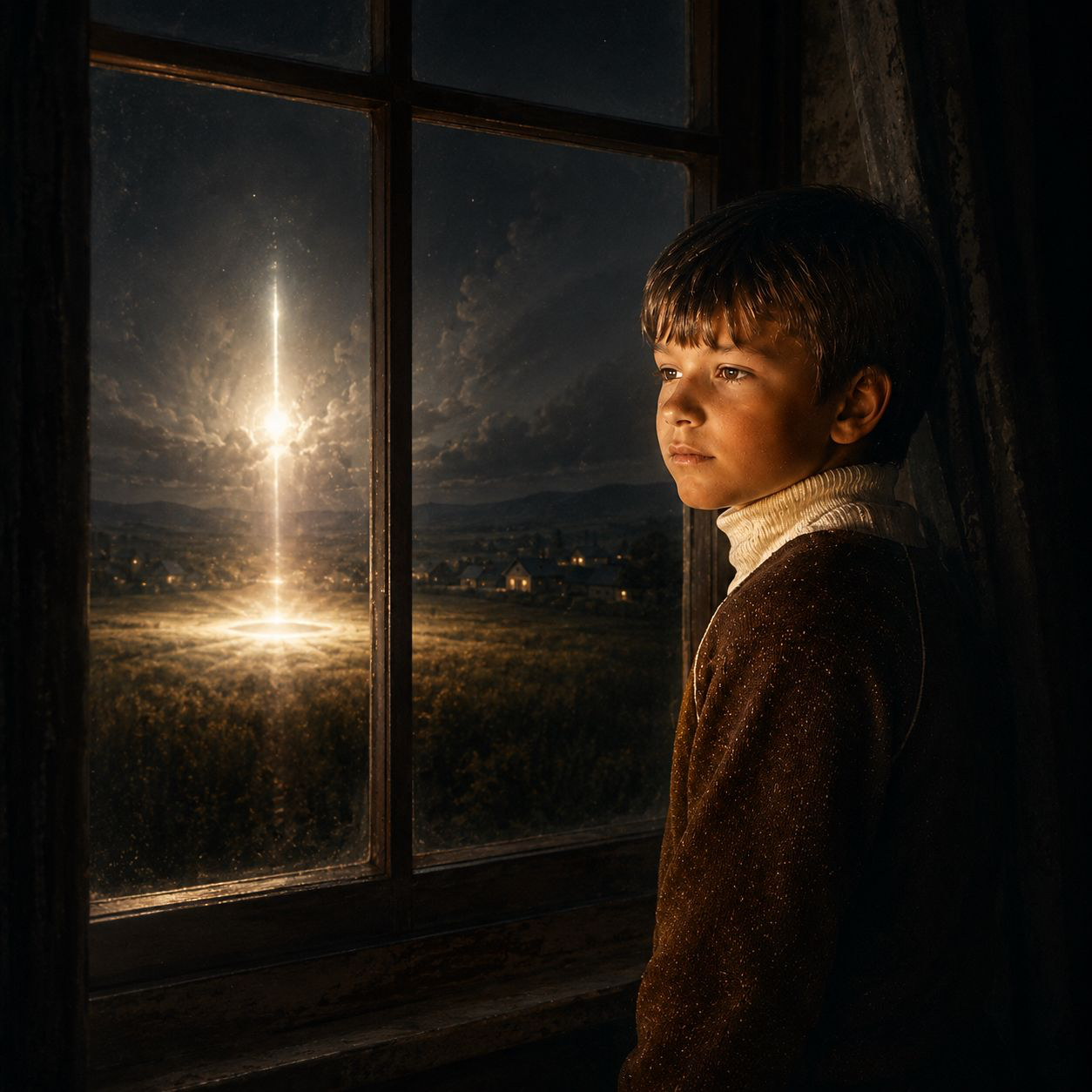 A boy standing by a window as a bright light appears over the valley