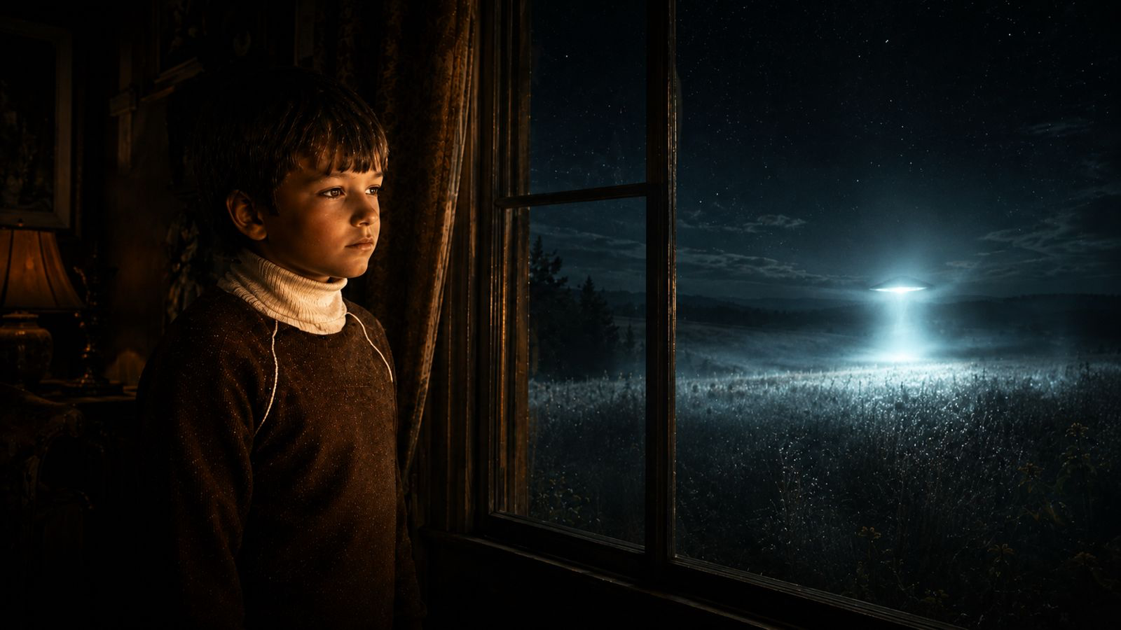 A boy standing at a window and watching a bright light over a field at night