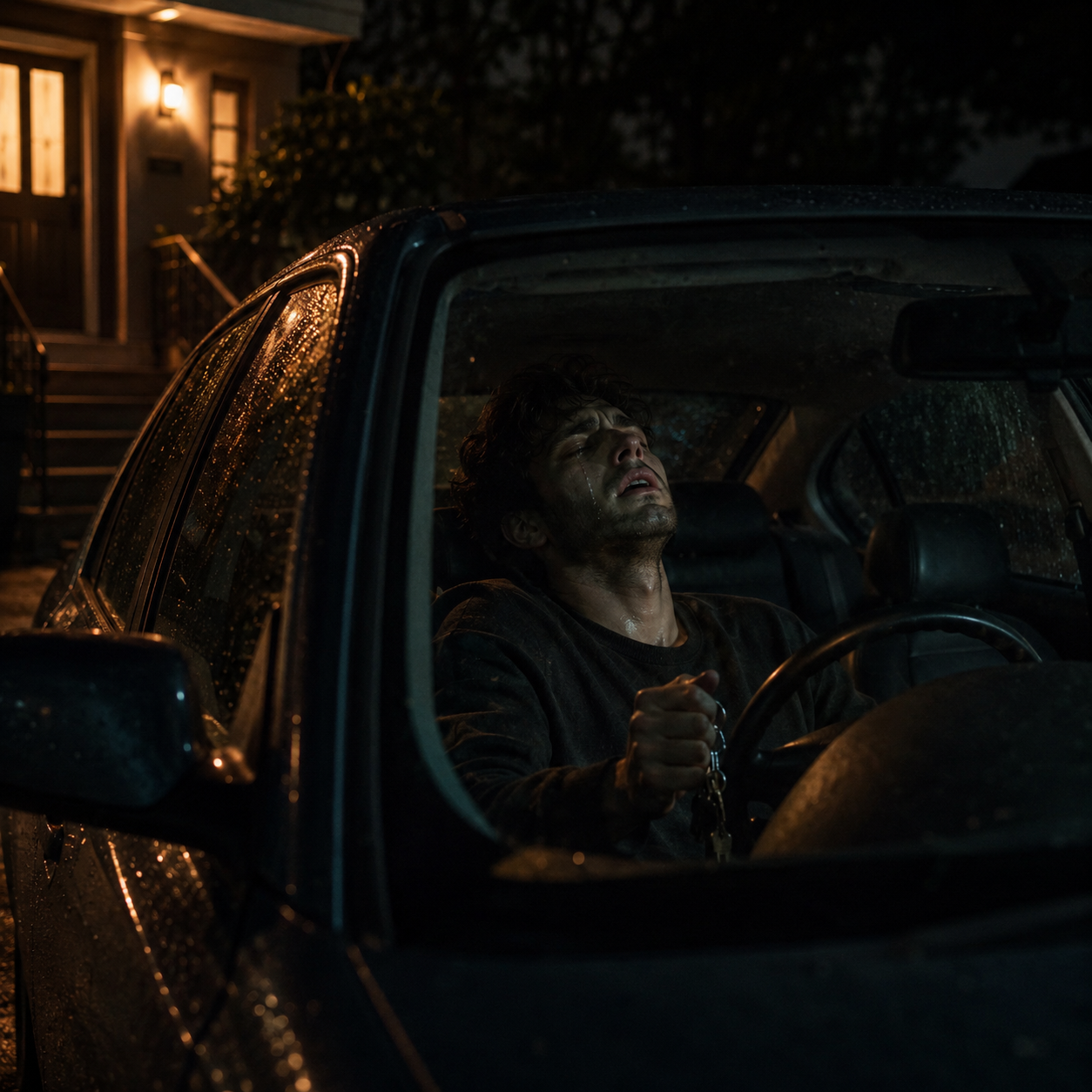 A distressed man sitting alone inside a parked car at night