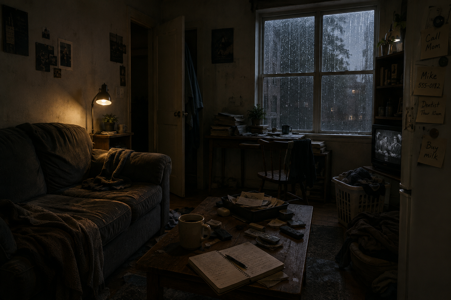A lived in room carrying the weight of a long rainy evening