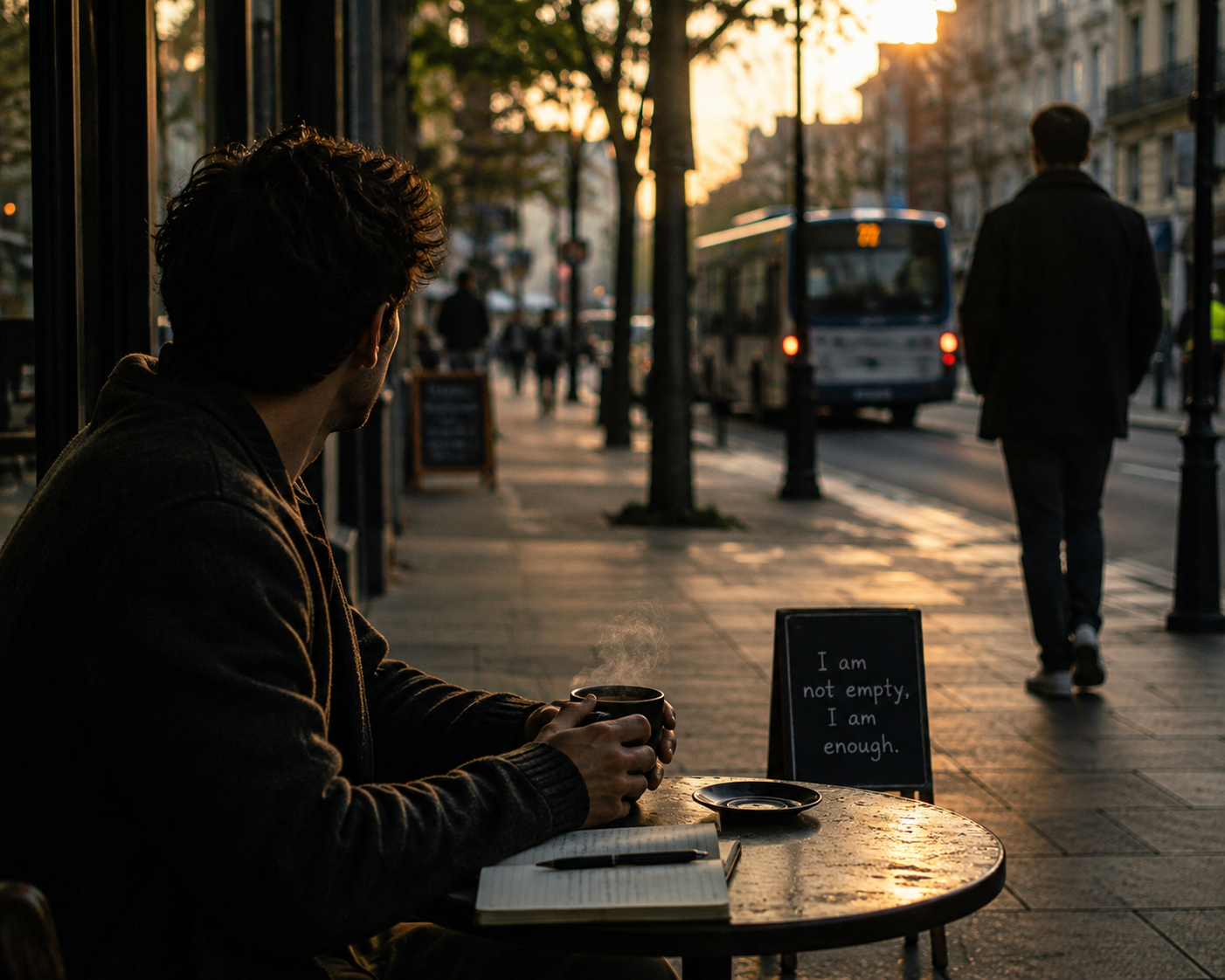 A man waiting calmly at an outdoor cafe table