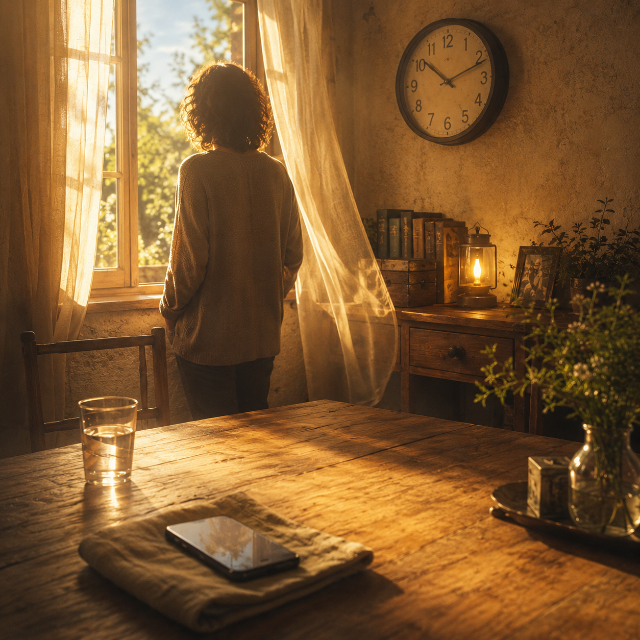 A person standing in warm morning light beside an open window